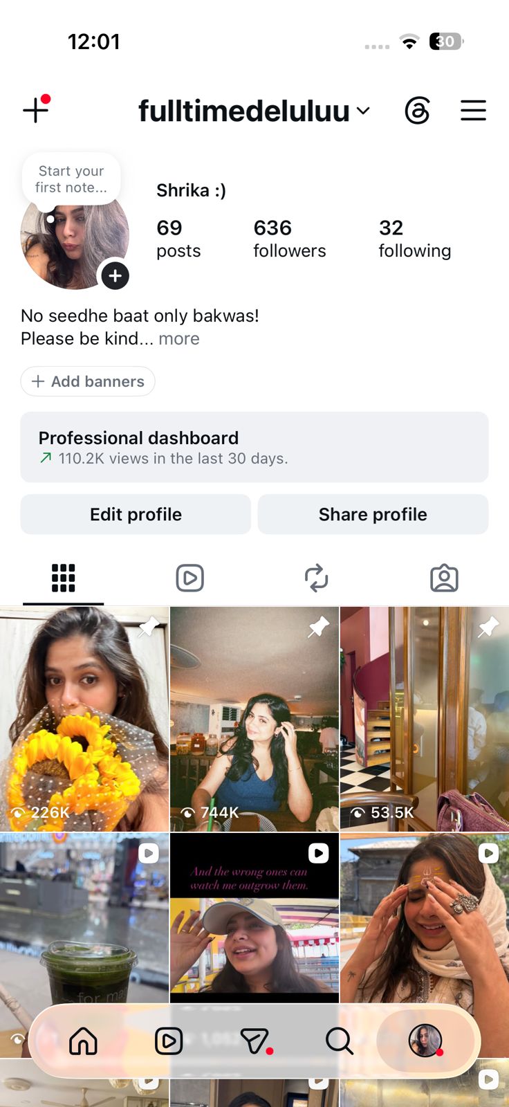 Instagram profile showing 636 followers and 110K views